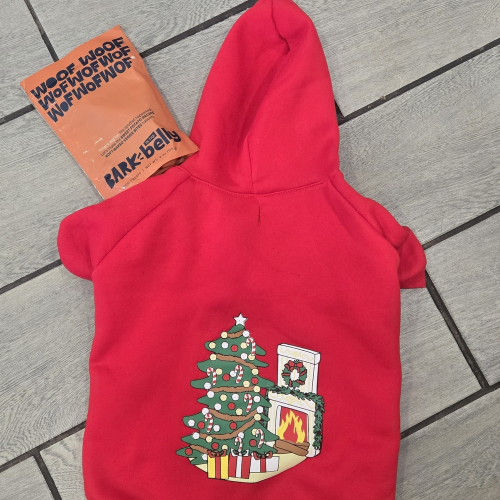 Red Dog Hoodie‎ with Christmas Tree Design